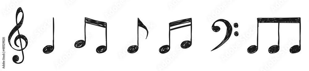 Music notes hand drawn black signs vector set. Isolated hand-drawn music note icons on white background. Music note symbols with treble clef. Vector illustration. - obrazy, fototapety, plakaty 