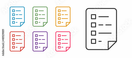 Set line Clipboard with checklist icon isolated on white background. Control list symbol. Survey poll or questionnaire feedback form. Set icons colorful. Vector