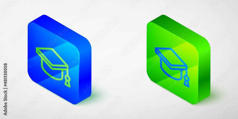 Isometric line Graduation cap icon isolated grey background. Graduation hat with tassel icon. Blue and green square button. Vector Isometric line Graduation cap icon isolated grey background. Graduation hat with tassel icon. Blue and green square button. Vector