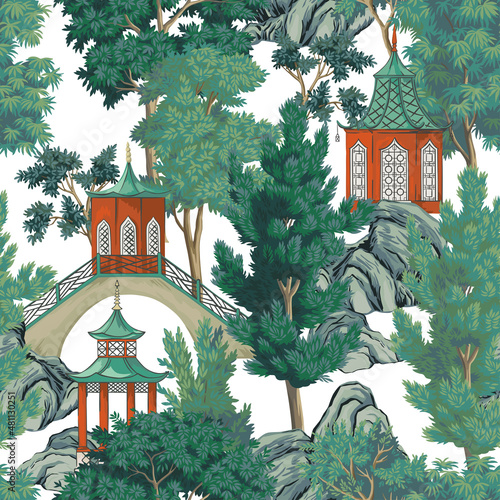 Obraz na plátně Vintage chinoiserie landscape, chinese pagoda seamless pattern