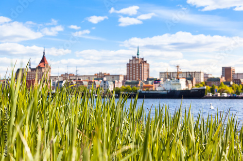 Old Town at Green Waterside / Beautiful view through reed grass over water of Warnow river toward city harbor and cityscape of Rostock at background (copy space)