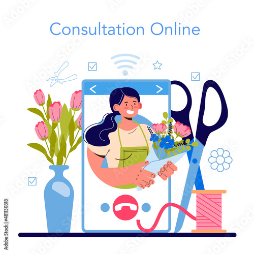 Florist online service or platform. Floral designer making or arranging