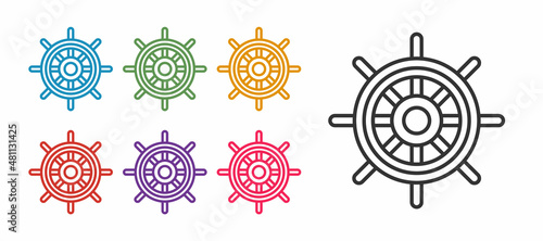 Set line Ship steering wheel icon isolated on white background. Set icons colorful. Vector