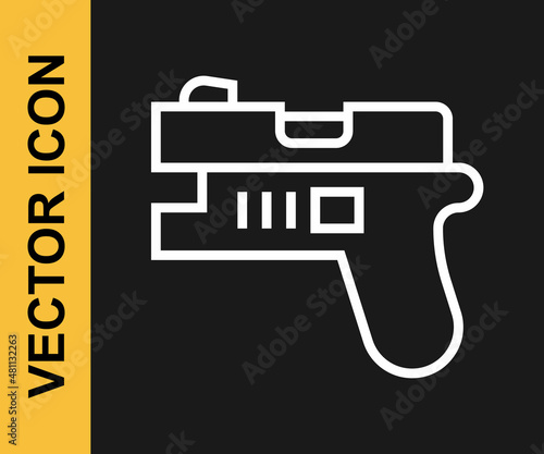 White line Futuristic space gun blaster icon isolated on black background. Laser Handgun. Alien Weapon. Vector