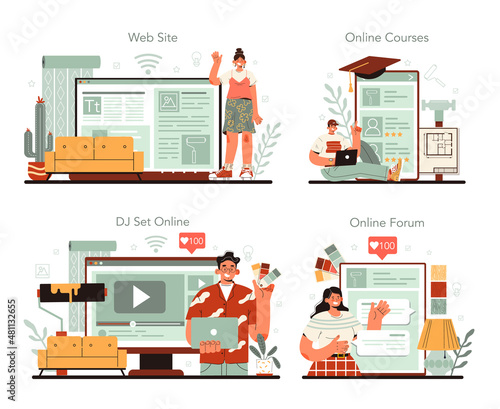 Interior designer online service or platform set. Decorator planning