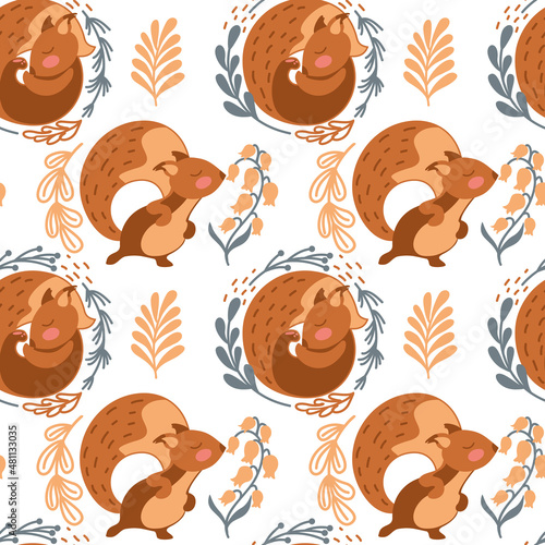 Cute squirrel in the forest. Illustration for baby products. Seamless pattern. Vector.