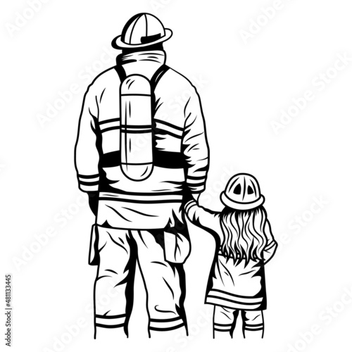 Illustration of firefighters with their daughter. Portrait of a man and his children. Father's day. The profession is to save people. T-shirt design.