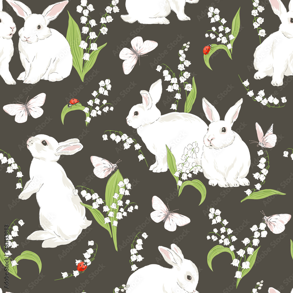 Cute bunny in Spring Bloomy garden with Lilies of the valley florals White butterfly Ladybug vector seamless pattern. Vintage romantic nature hand drawn print. Cottage core aesthetic background. Cute bunny in Spring Bloomy garden with Lilies of the valley florals White butterfly Ladybug vector seamless pattern. Vintage romantic nature hand drawn print. Cottage core aesthetic background.
