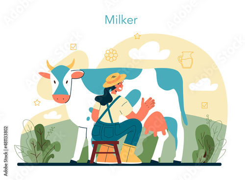 Dairy farm. Milkmaid milking a cow. Milk, cheese, butter making