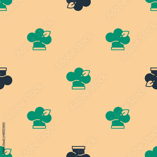 Green and black Vegan food diet icon isolated seamless pattern on beige background. Organic, bio, eco symbol. Vegan, no meat, lactose free, healthy, fresh and nonviolent food. Vector