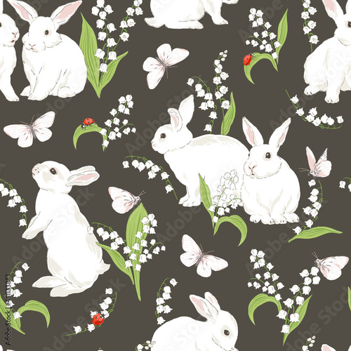 Cute bunny in Spring Bloomy garden with Lilies of the valley florals White butterfly Ladybug vector seamless pattern. Vintage romantic nature hand drawn print. Cottage core aesthetic background.