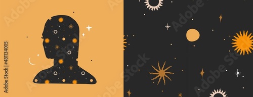 Hand drawn vector abstract stock flat graphic illustrations set with logo element,bohemian astrology magic art of galaxy space,crescent moon,stars,sun and human silhouette,simple style for branding.