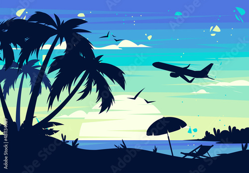 Vector illustration of a summer sunset on the beach with silhouettes of palm trees, a chaise longue with an umbrella on the background of a plane taking off