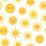 Yellow sun pattern. Summer suns, scribble sketch baby print. Morning cartoon characters, funny sunny childish decent vector seamless texture