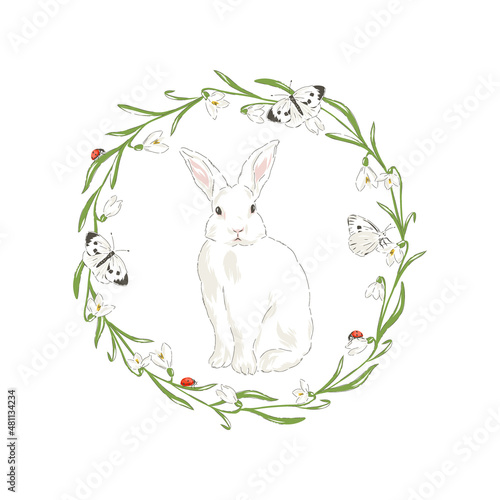 Cute bunny in Spring Snowdrops floral wreath with butterfly and ladybug hand drawn vector illustration isolated on white. Vintage delicate romantic nature print poster card