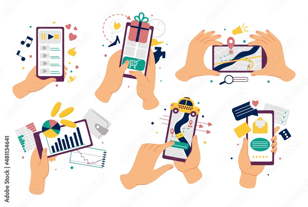 Hands holding smartphones. Phone money wallet, isolated hand use touch screen of phones. Message send, mobile navigation and online store, decent vector concept