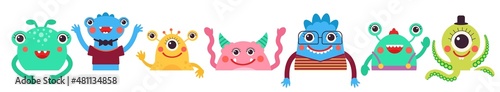 Monster banner. Funny ugly monsters, cartoon cute aliens for kids. Birthday, baby party decoration. Colorful poster for children, decent vector design