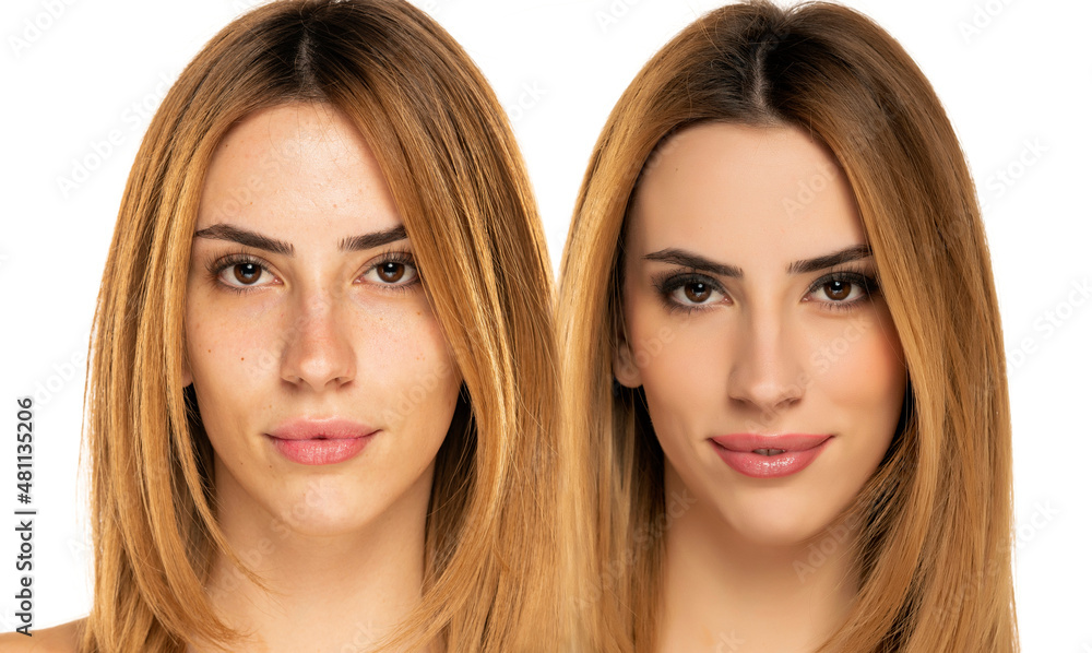 Fototapeta premium Comparison portrait of a woman without and with makeup