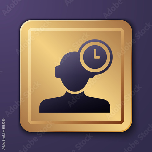 Purple Insomnia icon isolated on purple background. Sleep disorder with capillaries and pupils. Fatigue and stress. Gold square button. Vector