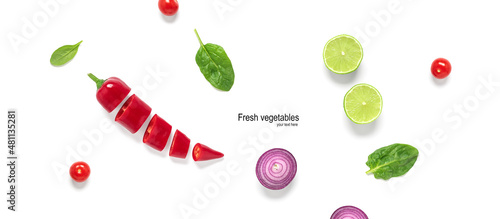 Fototapeta Naklejka Na Ścianę i Meble -  Fresh vegetables on a white background. Creative layout. Isolated vegetables for salad. Top view, flat lay. Banner.