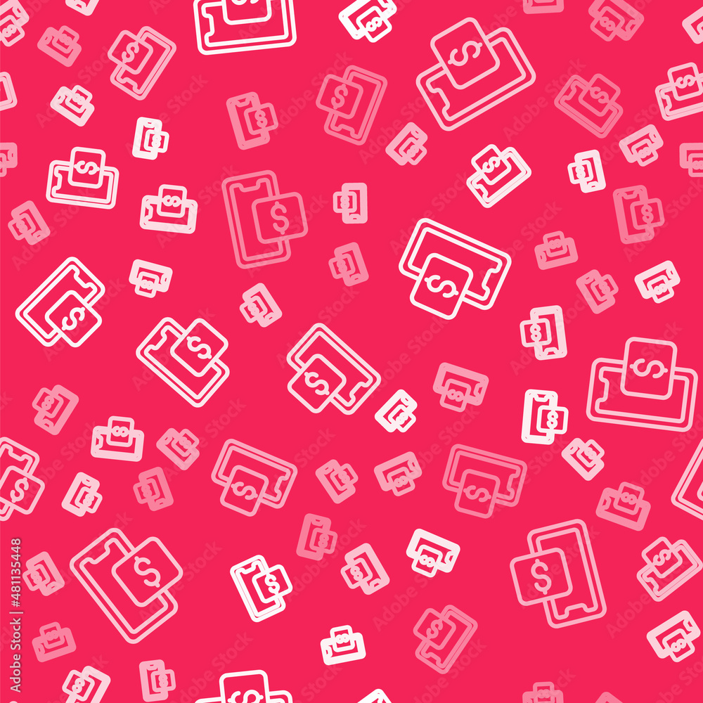 White line Mobile phone and shopping cart icon isolated seamless pattern on red background. Online buying symbol. Supermarket basket symbol. Vector White line Mobile phone and shopping cart icon isolated seamless pattern on red background. Online buying symbol. Supermarket basket symbol. Vector