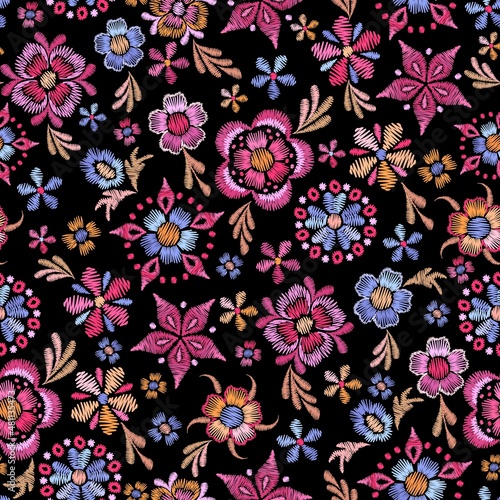 Wild abstract embroidery flowers. Embroidered florals, pink spring bouquet. Floral decorative print, beautiful summer blooming garden nowaday vector seamless pattern