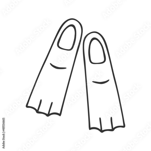 Hand drawn flippers, swim fins. In doodle style, black outline isolated on white background. Cute element for card, social media banner, sticker, print, decoration kids playroom. Vector illustration