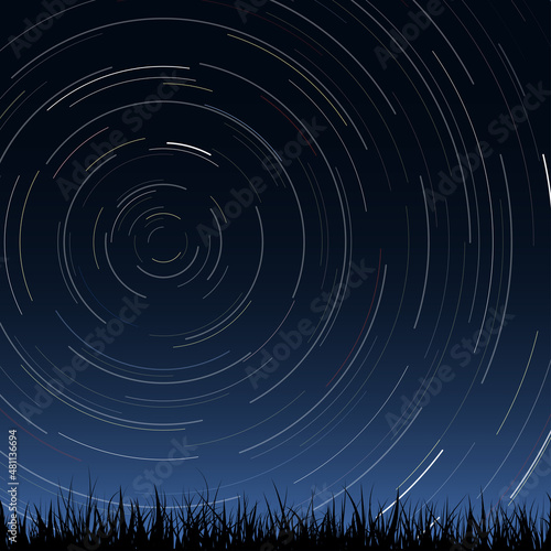 Black silhouette of grass under the night sky with a lot of stars trails. Blue dark night sky with stars moving across the polar pole in the sky. Photographic effect with time lapse.