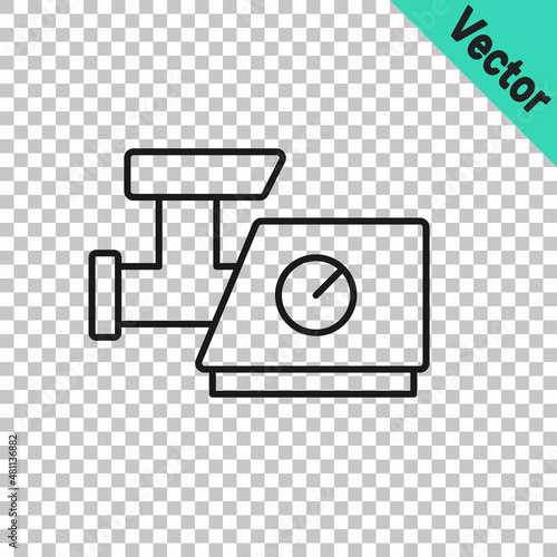 Black line Kitchen meat grinder icon isolated on transparent background. Vector