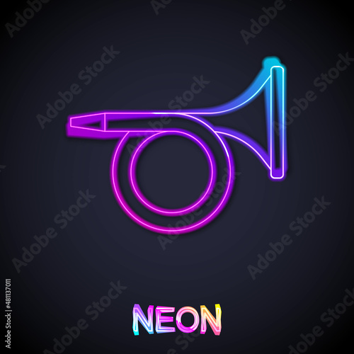 Glowing neon line Trumpet icon isolated on black background. Musical instrument. Vector