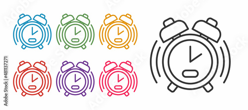 Set line Alarm clock icon isolated on white background. Wake up, get up concept. Time sign. Set icons colorful. Vector