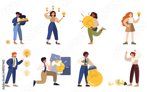 Business character holding and collecting a light bulb set. Creative mind