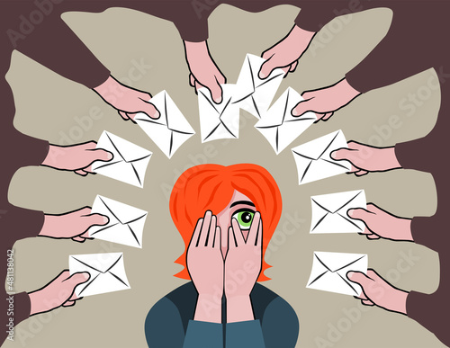 Frustrated woman receiving too much email correspondence. Information overload nightmare cartoon