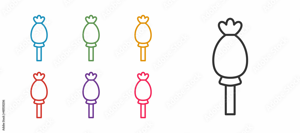 Set line Opium poppy icon isolated on white background. Poppy Papaver somniferum flower seed head. Set icons colorful. Vector Set line Opium poppy icon isolated on white background. Poppy Papaver somniferum flower seed head. Set icons colorful. Vector