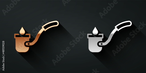 Gold and silver Sauna ladle icon isolated on black background. Long shadow style. Vector