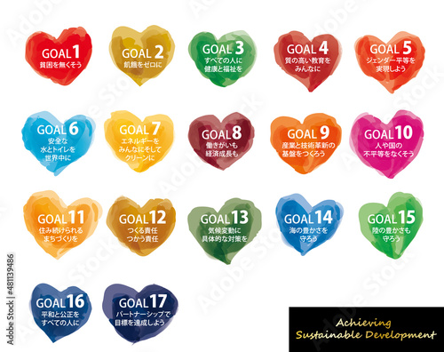 SDGsイメージの水彩手描きのハート17の目標アイコンセット（日本語）