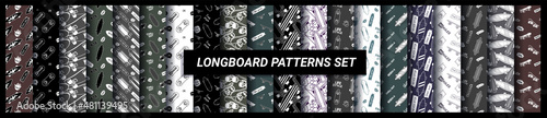 Vector big set of illustration of black and white skateboard with text frame. Skateboarding seamless pattern with cartoon skateboard. Line art style skate background