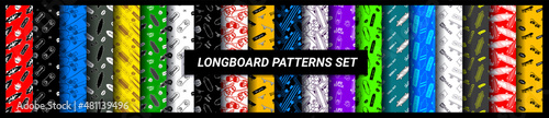 Vector big set of illustration of skateboard on different bright color background. Skateboarding seamless pattern with cartoon skateboard and text frame. Line art style skate background