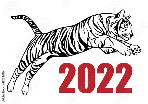 Jumping tiger - vector tattoo, hand-drawn illustration.
Japanese chinese vector design set tiger 2022. New year 2022 chinese symbol. Vector illustration on a white background.