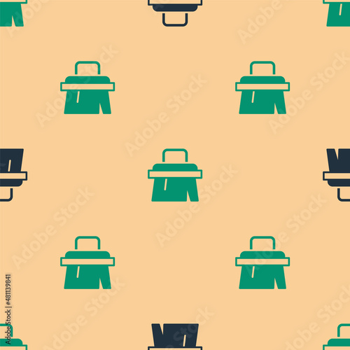 Green and black Sauna brush icon isolated seamless pattern on beige background. Wooden brush with coarse bristles for washing in the bath. Anti cellulite massage. Vector