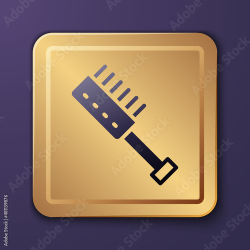Purple Sauna brush icon isolated on purple background. Wooden brush with coarse bristles for washing in the bath. Anti cellulite massage. Gold square button. Vector