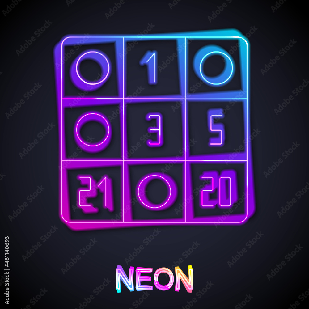Glowing neon line Bingo card with lucky numbers icon isolated on black background. Vector Glowing neon line Bingo card with lucky numbers icon isolated on black background. Vector