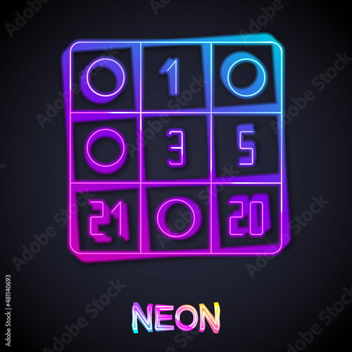 Glowing neon line Bingo card with lucky numbers icon isolated on black background. Vector