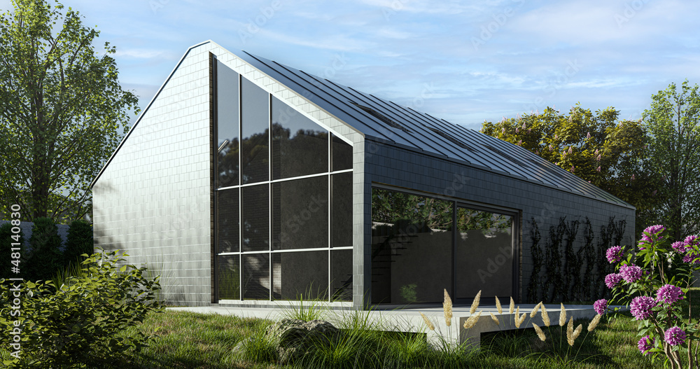 A modern barn-type house with a mezzanine and large windows - 3d render