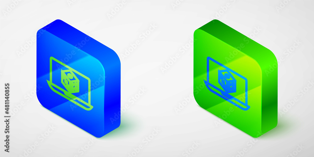Isometric line Game dice icon isolated on grey background. Casino gambling. Blue and green square button. Vector Isometric line Game dice icon isolated on grey background. Casino gambling. Blue and green square button. Vector
