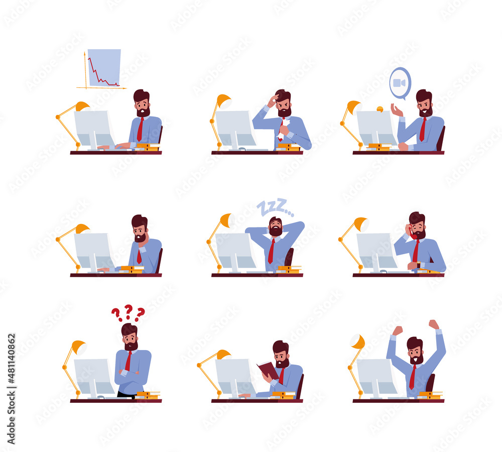 Freelance at laptop. Business place with monitor person sitting at table and working professional workplace garish vector collection of flat chatacters Freelance at laptop. Business place with monitor person sitting at table and working professional workplace garish vector collection of flat chatacters