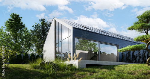 Fototapeta Naklejka Na Ścianę i Meble -  A modern barn-type house with a mezzanine and large windows - 3d render