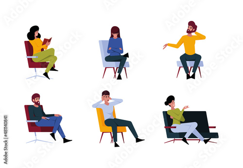 People sitting. Characters on chairs sitting at psychotherapy consultation group of persons on sofa garish vector templates in flat style