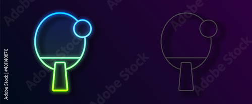 Glowing neon line Racket for playing table tennis icon isolated on black background. Vector
