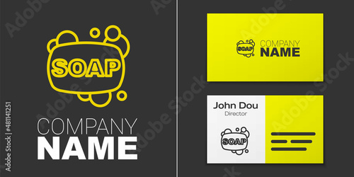 Logotype line Bar of soap icon isolated on grey background. Soap bar with bubbles. Logo design template element. Vector